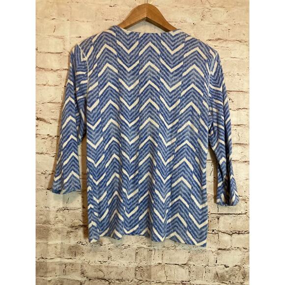 Chaps Top Womens Medium Blue Zig Zag Print Lace Up Long Sleeve Stretch Cotton - Picture 10 of 12